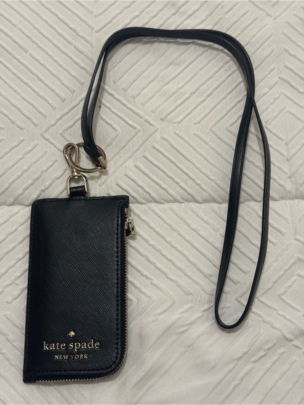 kate spade black saffiano leather lanyard card wallet with gold logo